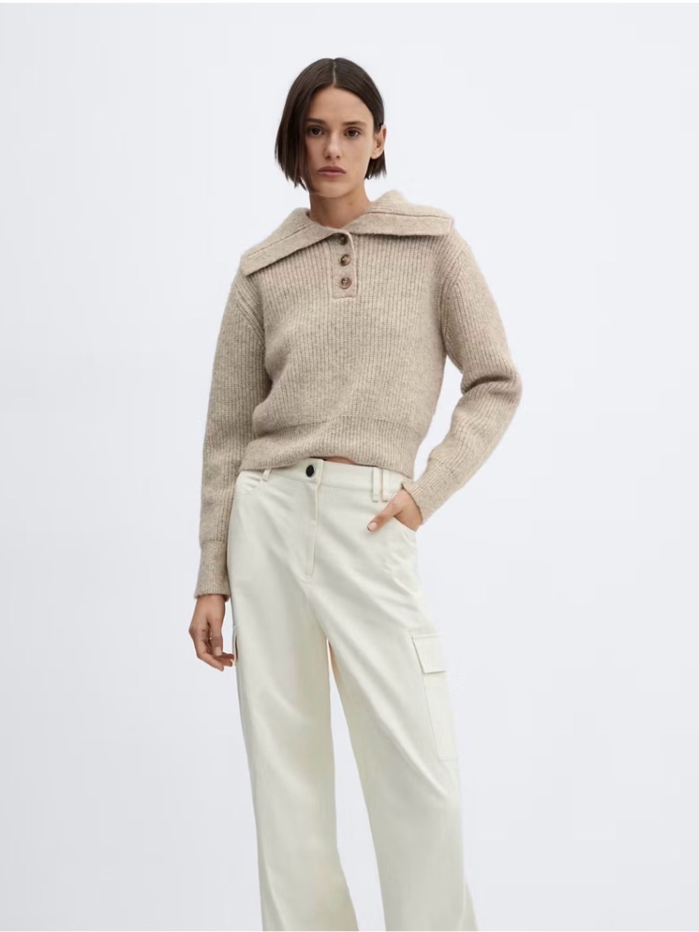 Mango Beige Cowl-Neck Button Sweater